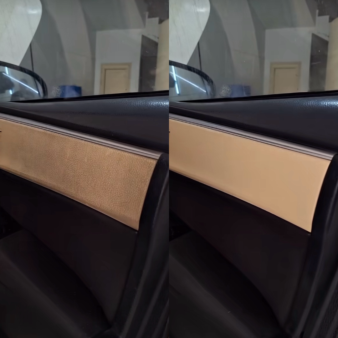 Avant après nettoyage d'un panneau de porte et tableau de bord de voiture
